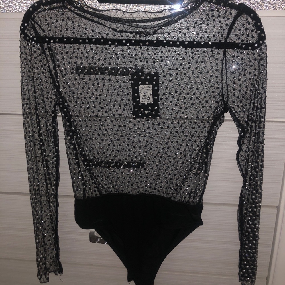 Super cute mesh body suit with rhinestones